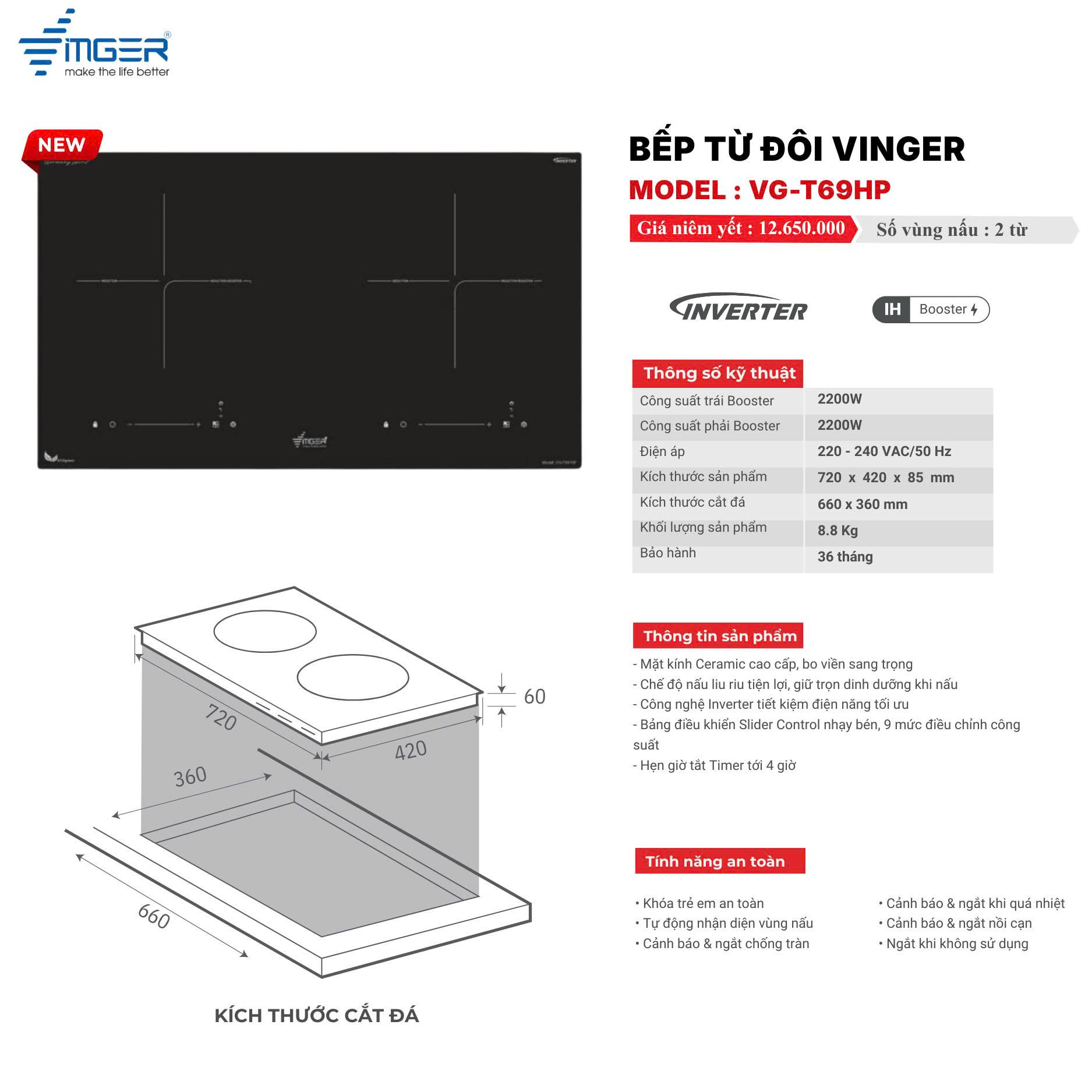 Bếp từ đôi Vinger : VG - T69HP