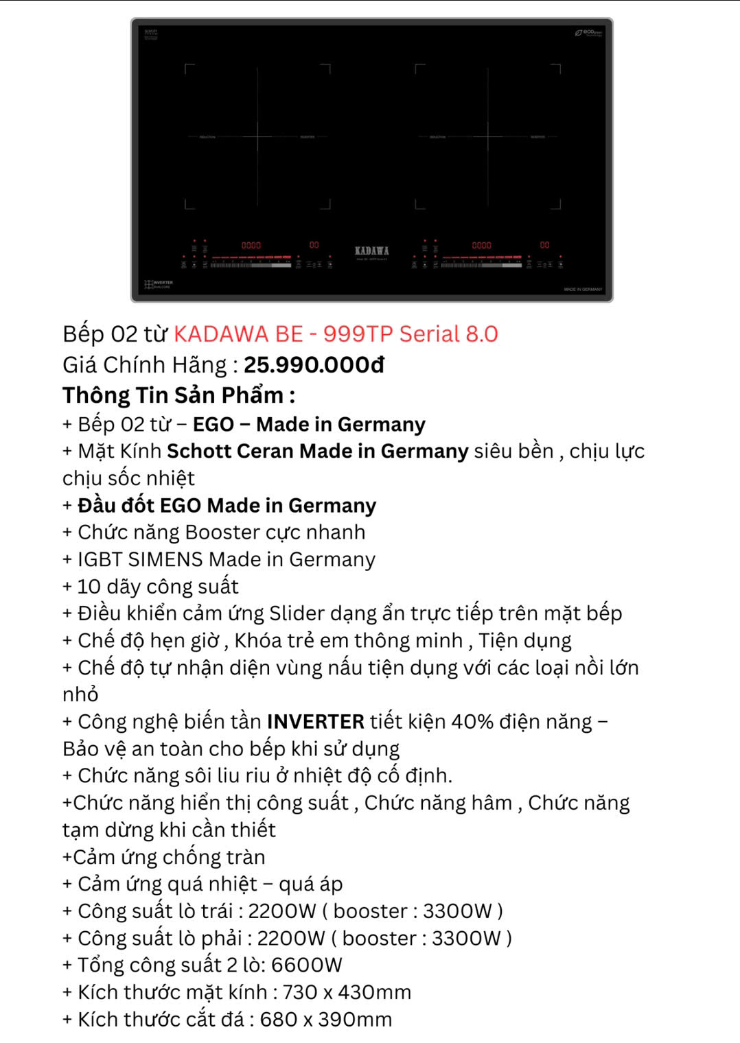 Bếp từ Kadawa BE- 999TP serial 8.0